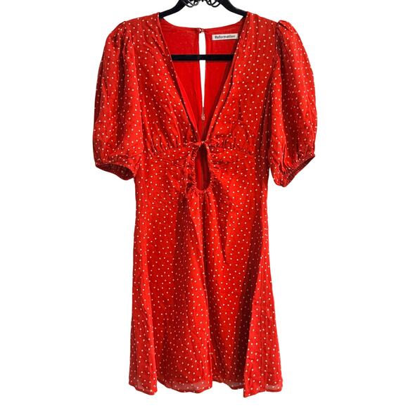 Reformation Cressida Puff Sleeve Mini Dress Red Polka Dot Cut Out Zip Sz 2 - Picture 3 of 10